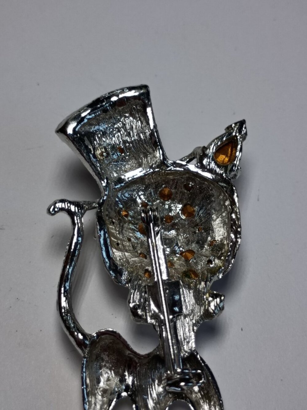 Vintage Rhinestone Cat Brooch Top Hat Dapper Cat Pavé Black Clear Figural Pin